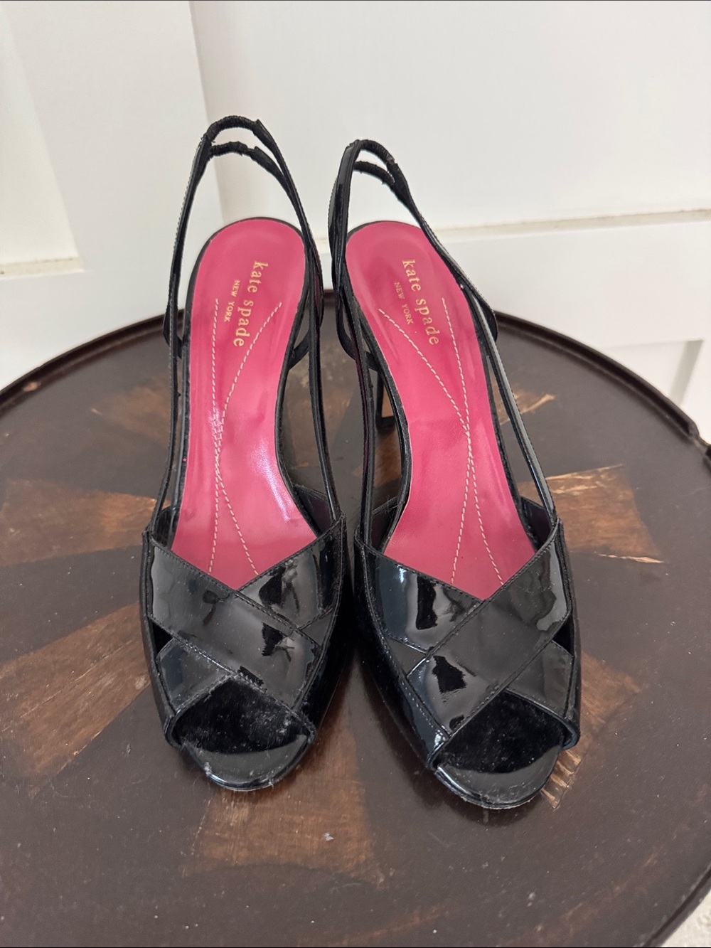 kate spade Black Patent Slingback Peep-Toe Heels with Pink Insole